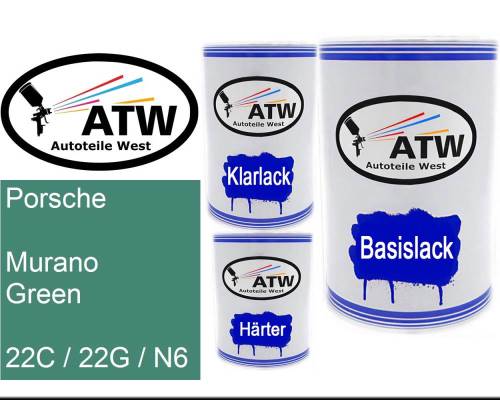 Porsche, Murano Green, 22C / 22G / N6: 500ml Lackdose + 500ml Klarlack + 250ml Härter - Set, von ATW Autoteile West.